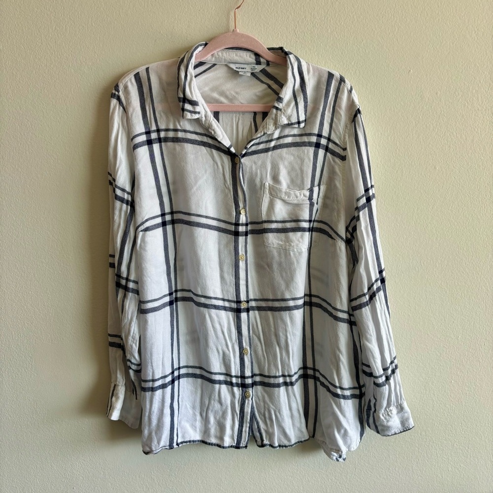 Old Navy White and Blue Plaid Button Up Shirt XL "The Classic Shirt" Casual